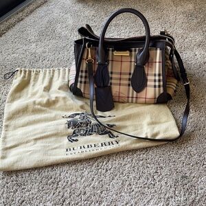 Authentic Burberry Tan Nova Check Satchel with Dark Brown Trim